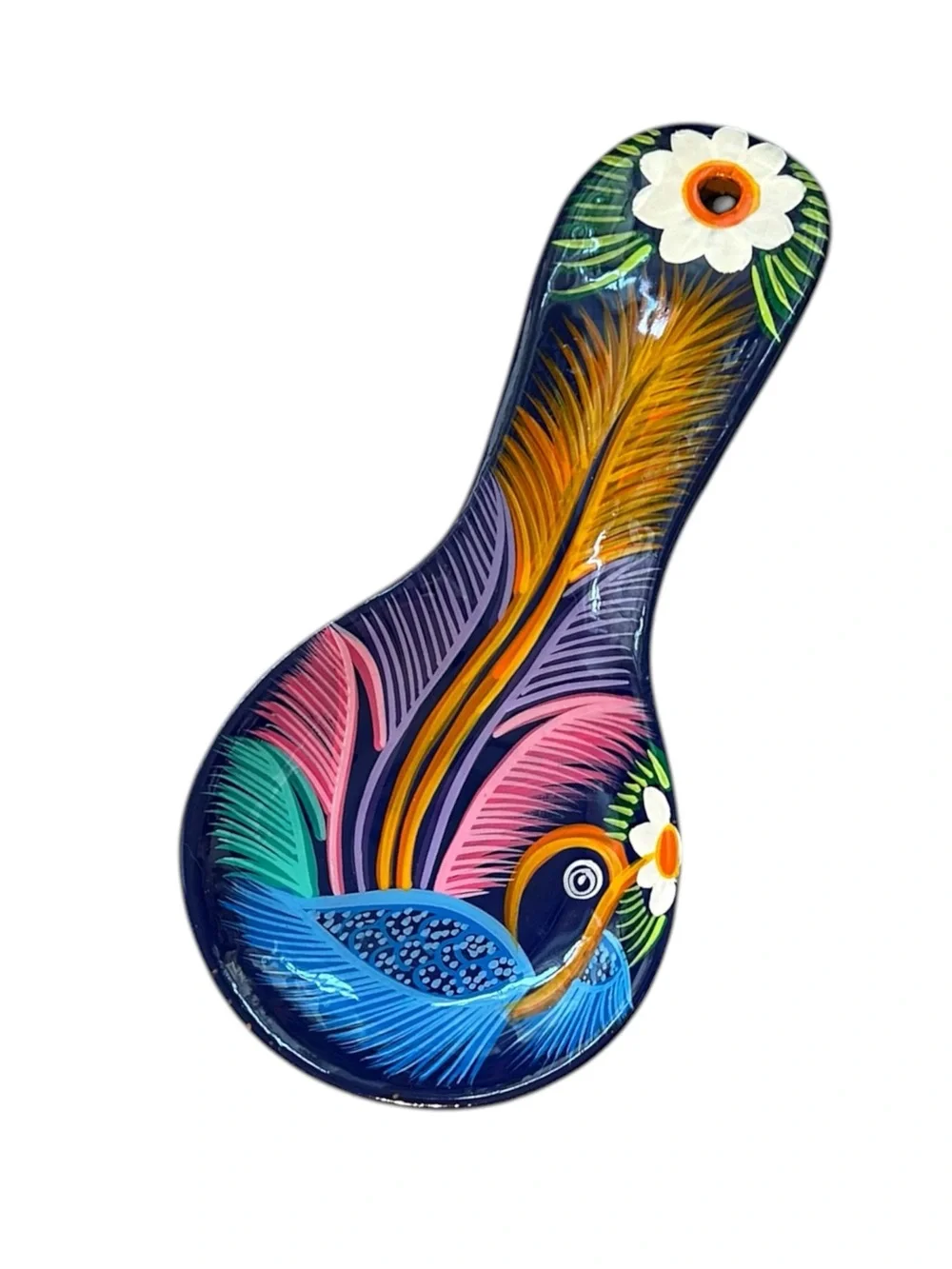 Hand-Painted Blue & Multicolor Ceramic Bird Spoon Rest